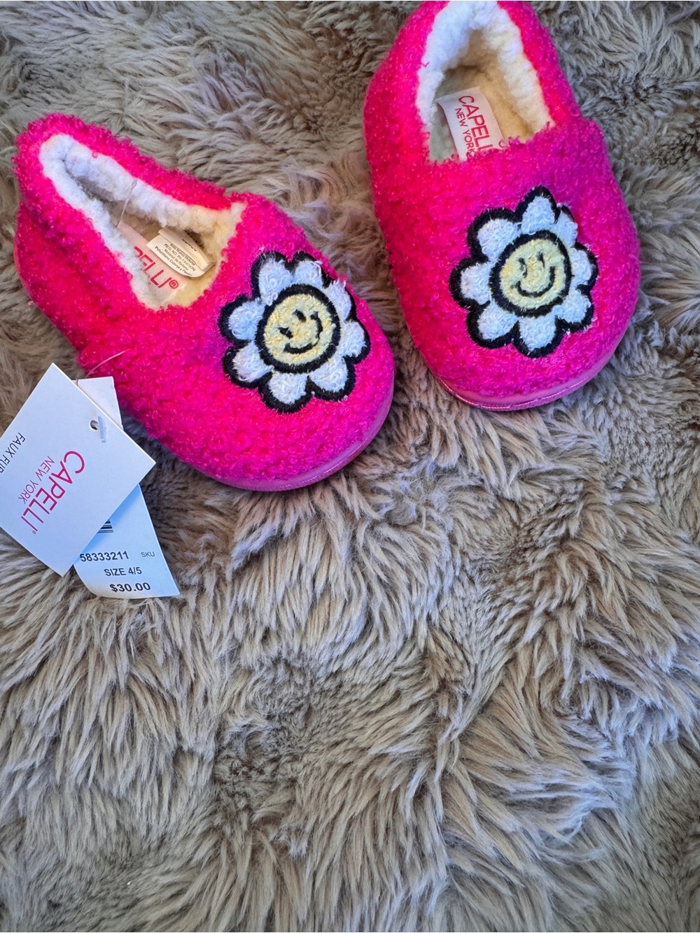 Capelli of New York Hot Pink Fuzzy Slippers with Smiley Daisy